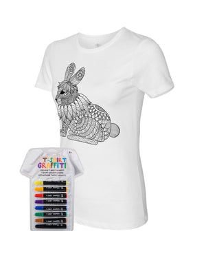 Women’s Coloring Bunny White T Shirt With Fabric Markers - Adorned By You