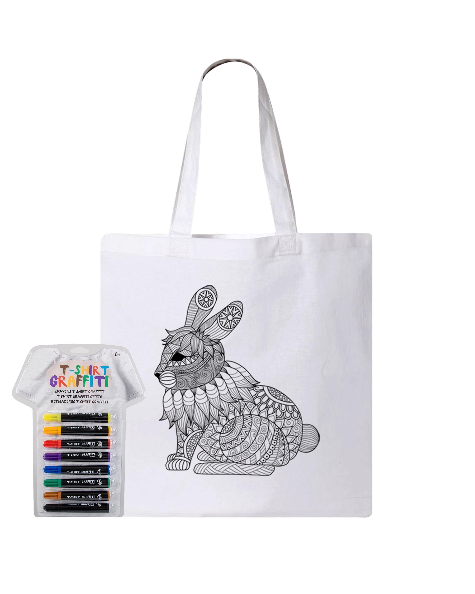 Bunny Coloring White Canvas Tote Bag With Fabric Markers - Adorned By You