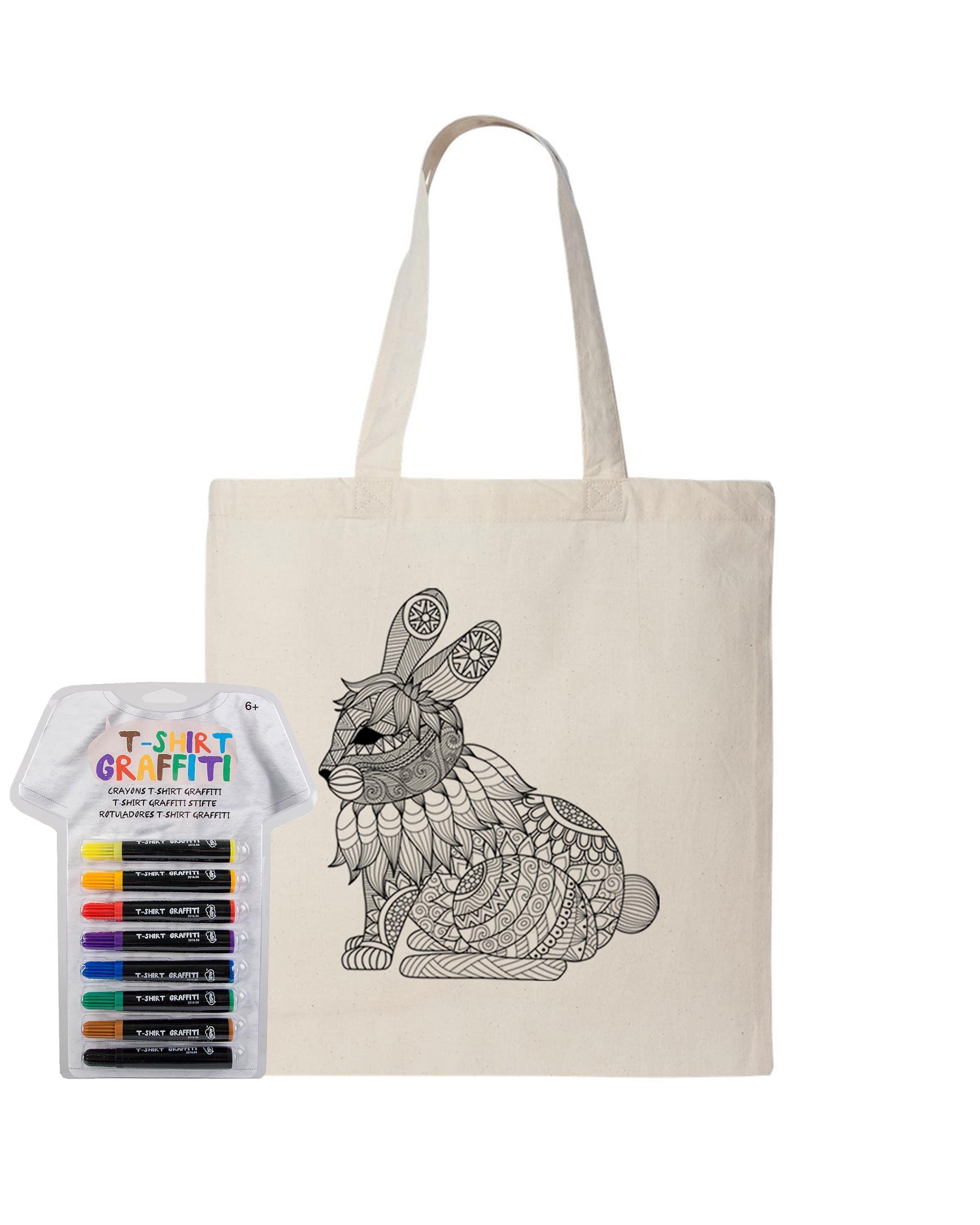 Bunny Coloring Natural Canvas Tote Bag With Fabric Markers - Adorned By You