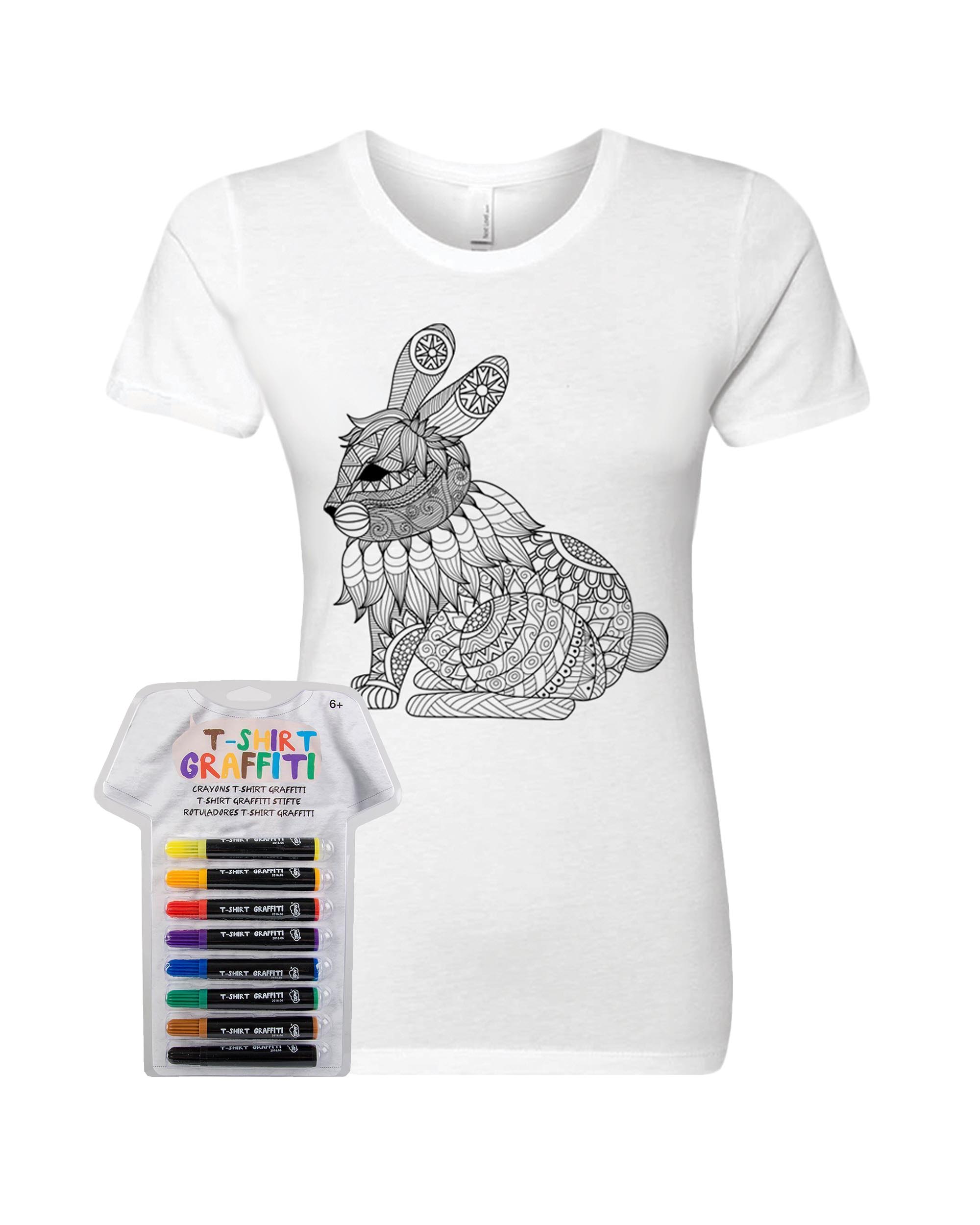 Women’s Coloring Bunny White T Shirt With Fabric Markers - Adorned By You
