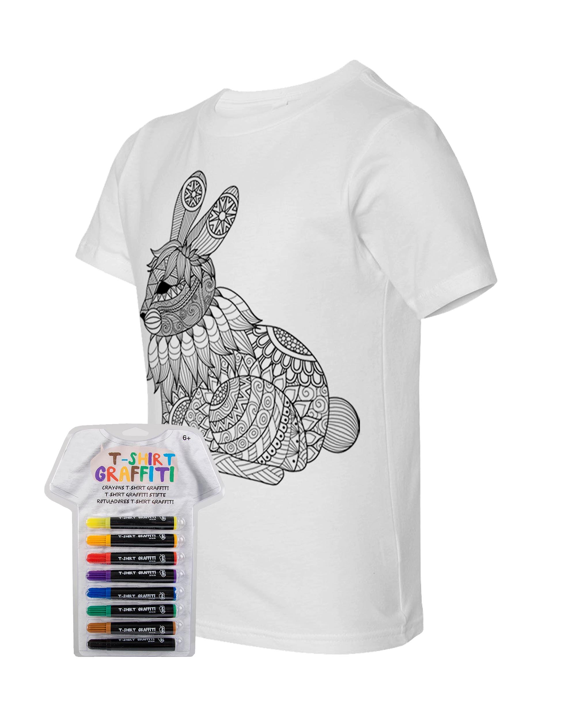 Kid's Coloring Bunny White T Shirt With Fabric Markers - Adorned By You