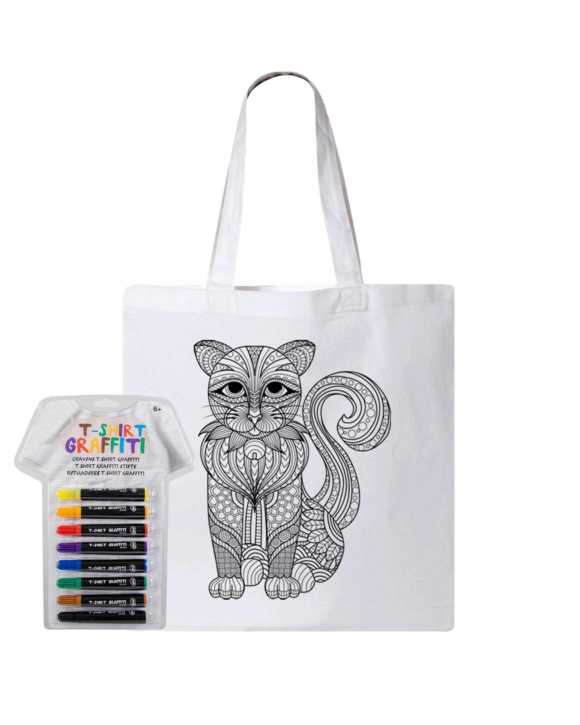 Cat Coloring White Canvas Tote Bag With Fabric Markers - Adorned By You