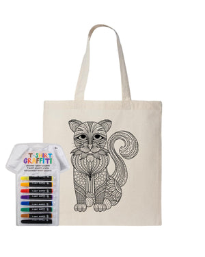 Cat Coloring Natural Canvas Tote Bag With Fabric Markers - Adorned By You