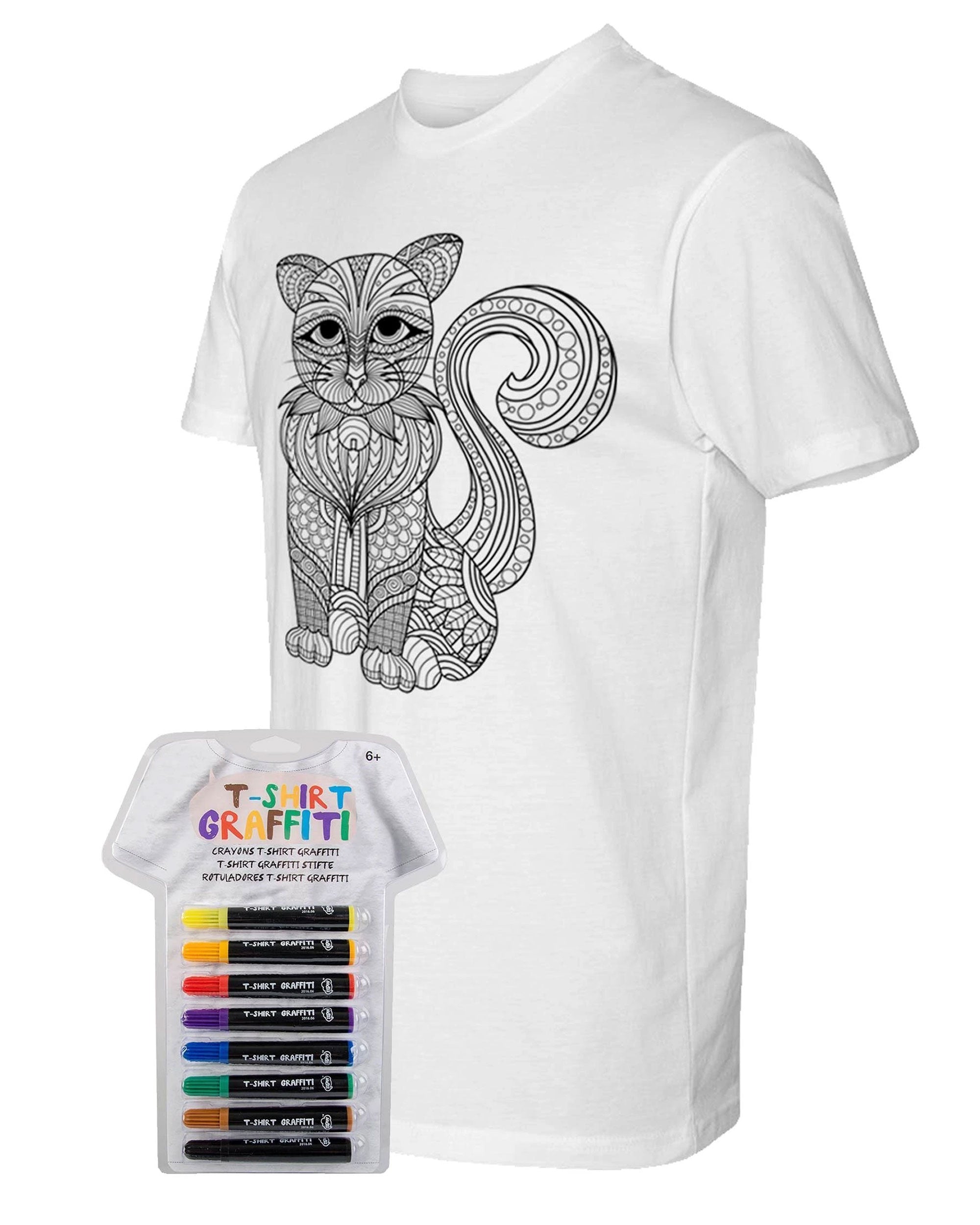 Men’s Coloring Cat White T Shirt With Fabric Markers - Adorned By You