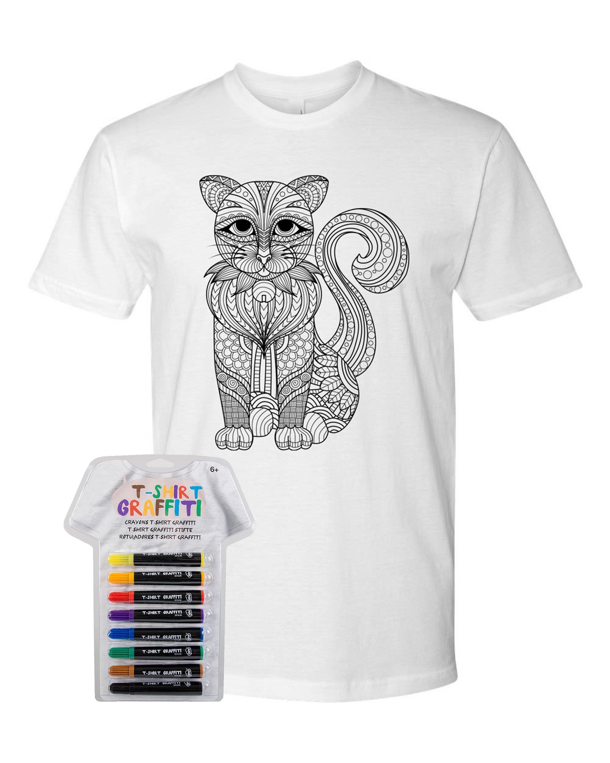 Men’s Coloring Cat White T Shirt With Fabric Markers - Adorned By You