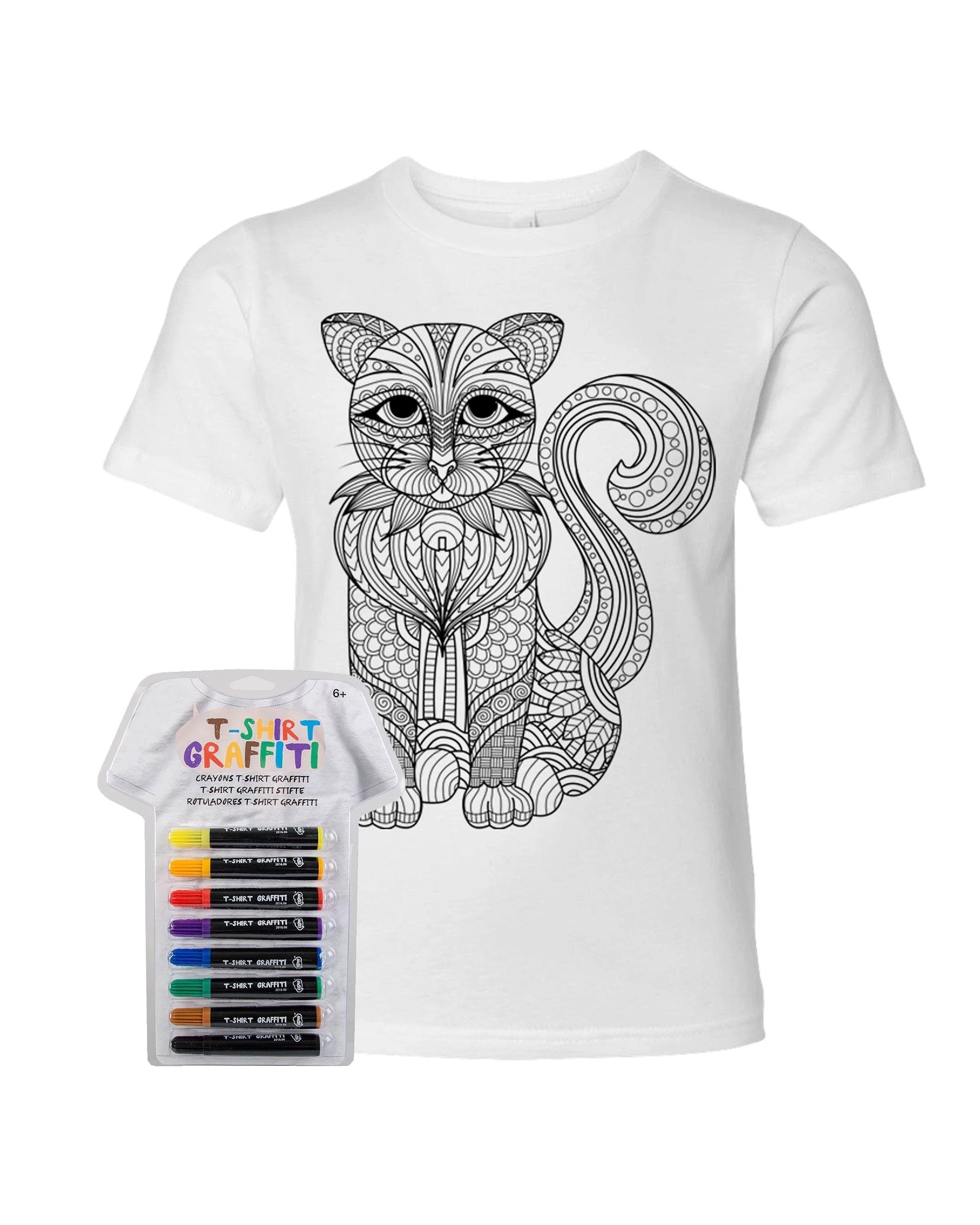 Kid's Coloring Cat White T Shirt With Fabric Markers - Adorned By You