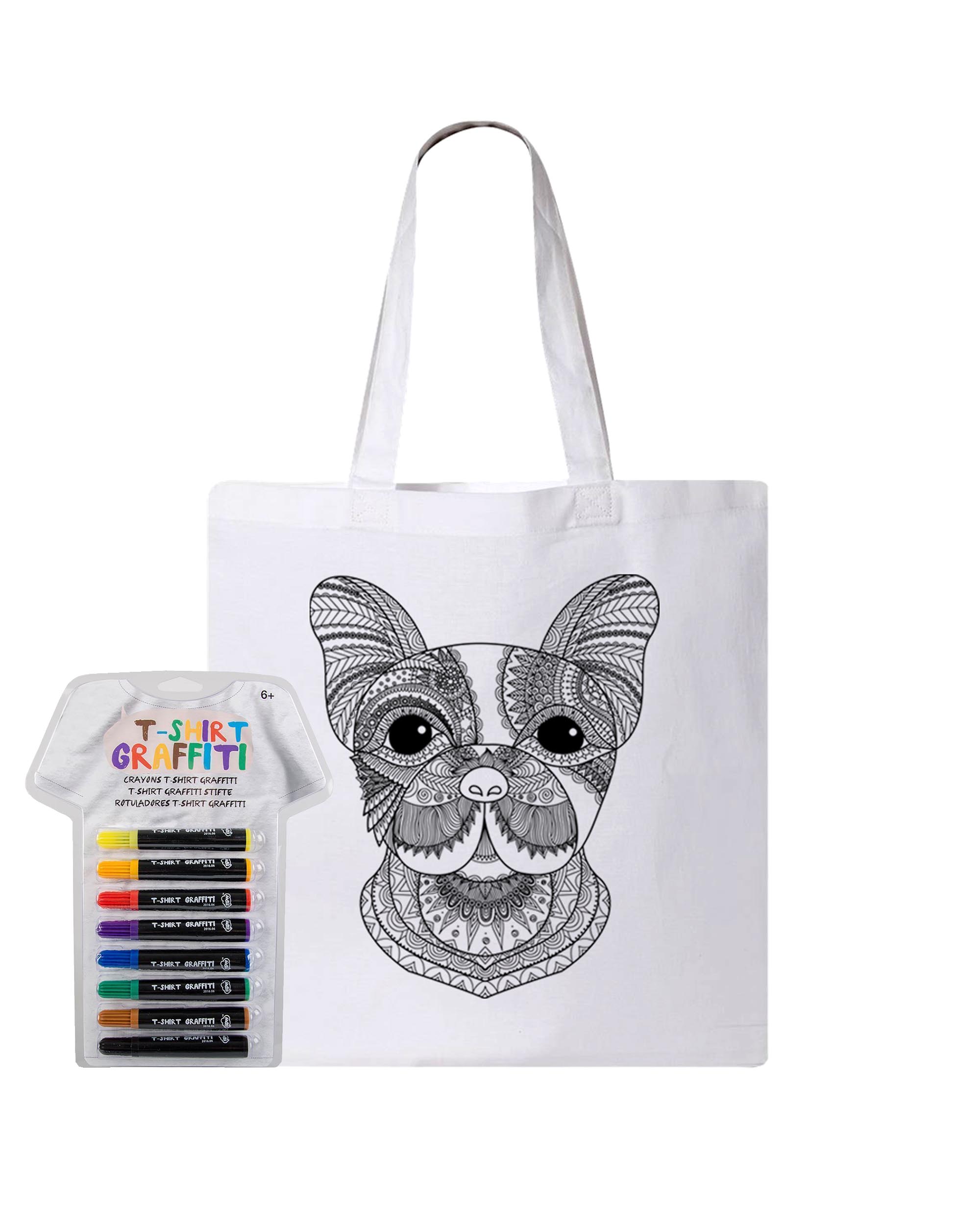 Dog Coloring White Canvas Tote Bag With Fabric Markers - Adorned By You