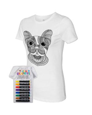Women’s Coloring Dog White T Shirt With Fabric Markers - Adorned By You