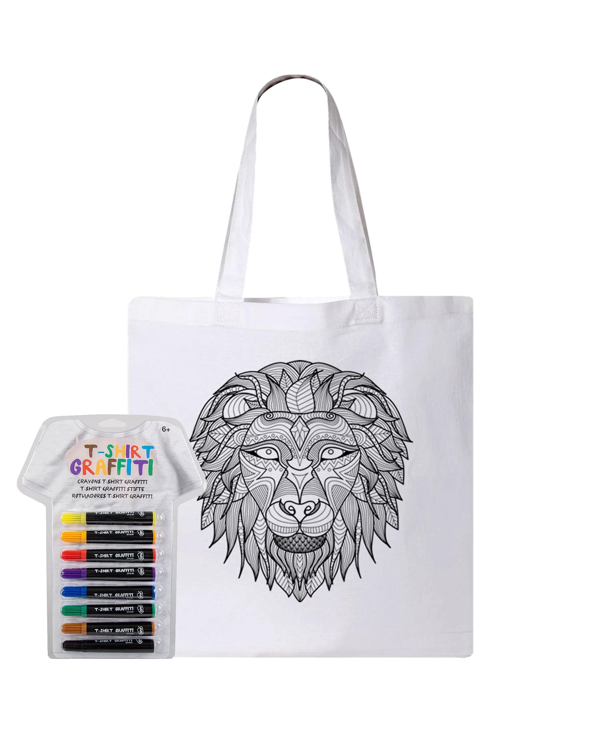 Lion Coloring White Canvas Tote Bag With Fabric Markers - Adorned By You