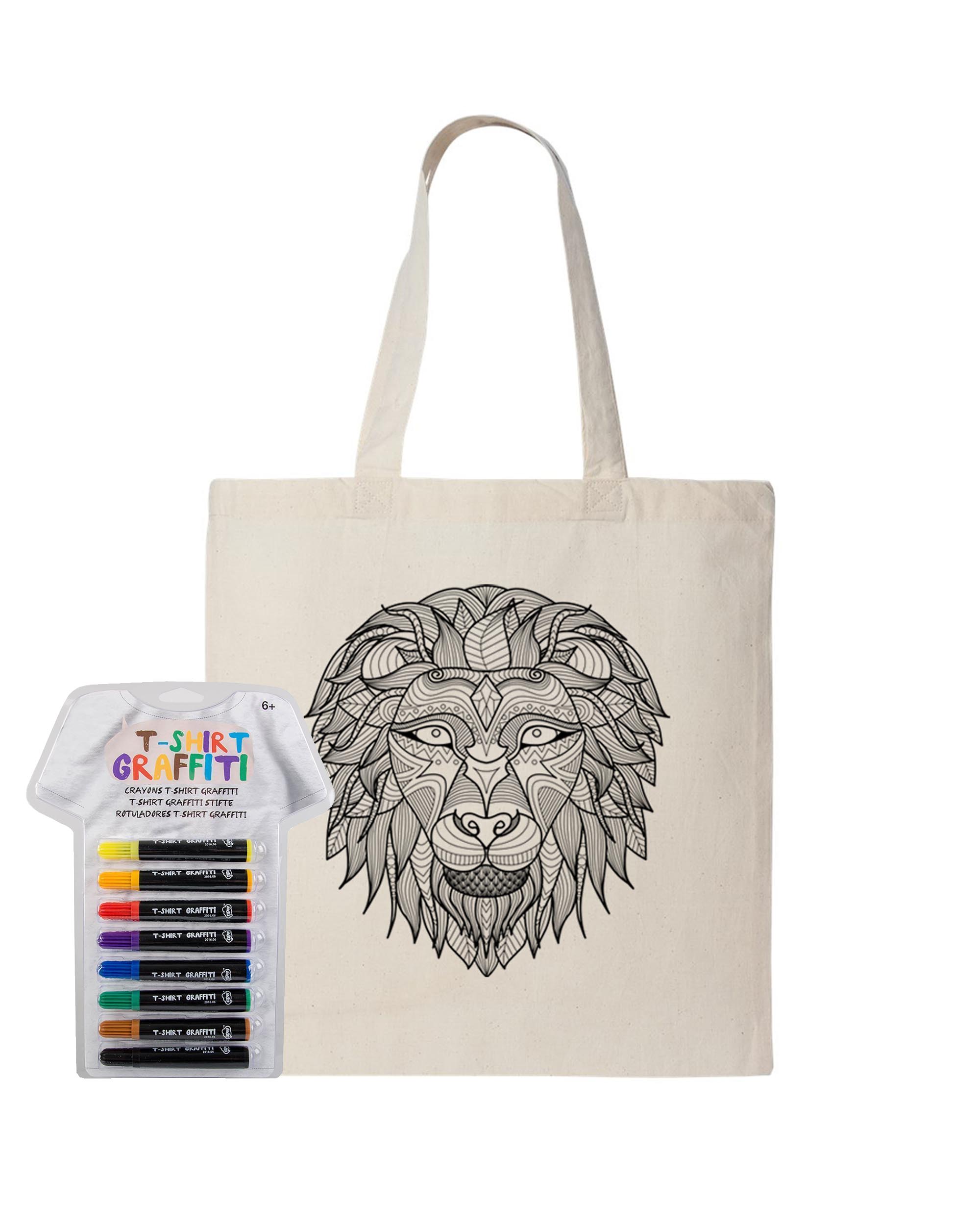 Lion Coloring Natural Canvas Tote Bag With Fabric Markers - Adorned By You
