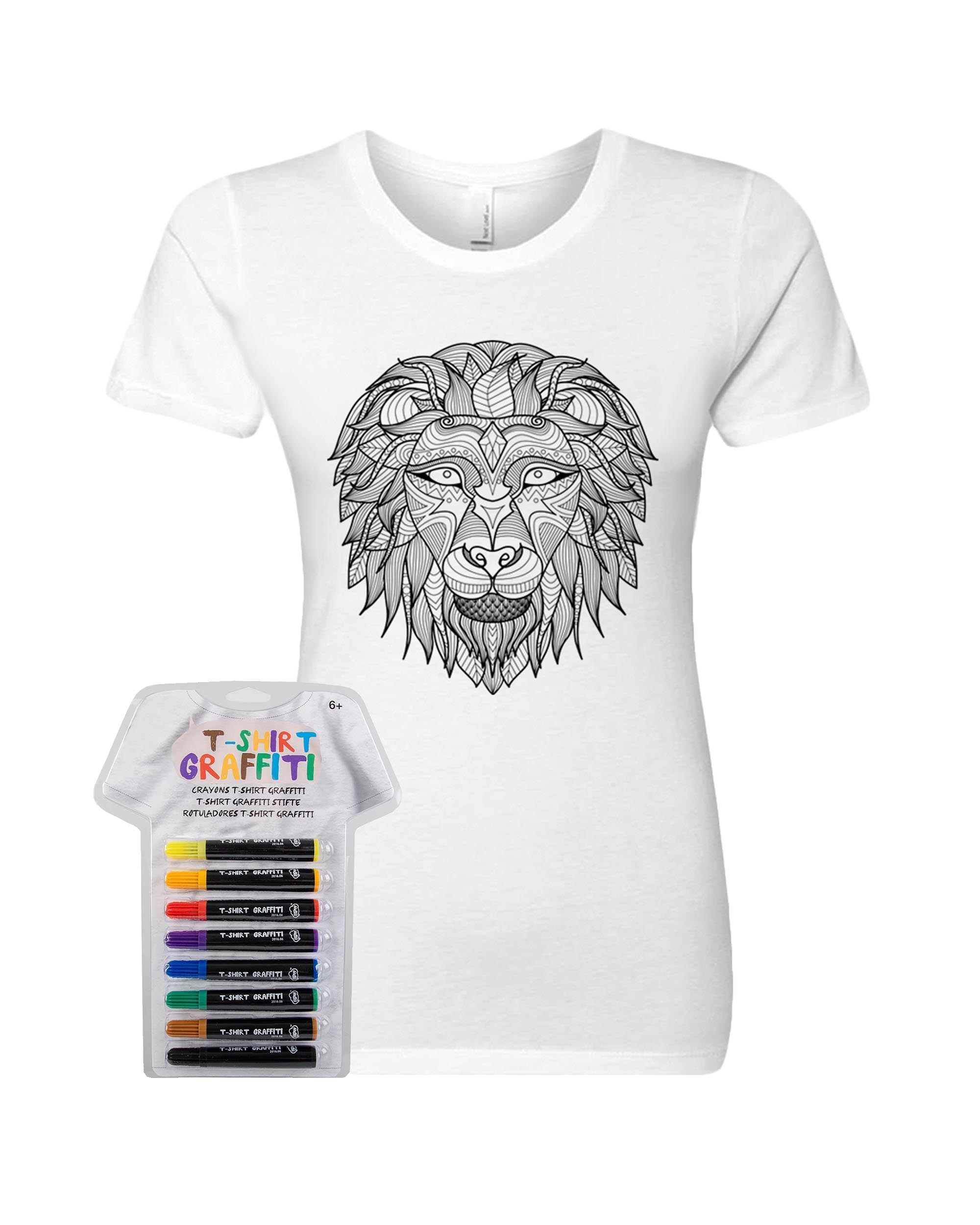 Women’s Coloring Lion White T Shirt With Fabric Markers - Adorned By You