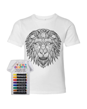 Kid's Coloring Lion White T Shirt With Fabric Markers - Adorned By You