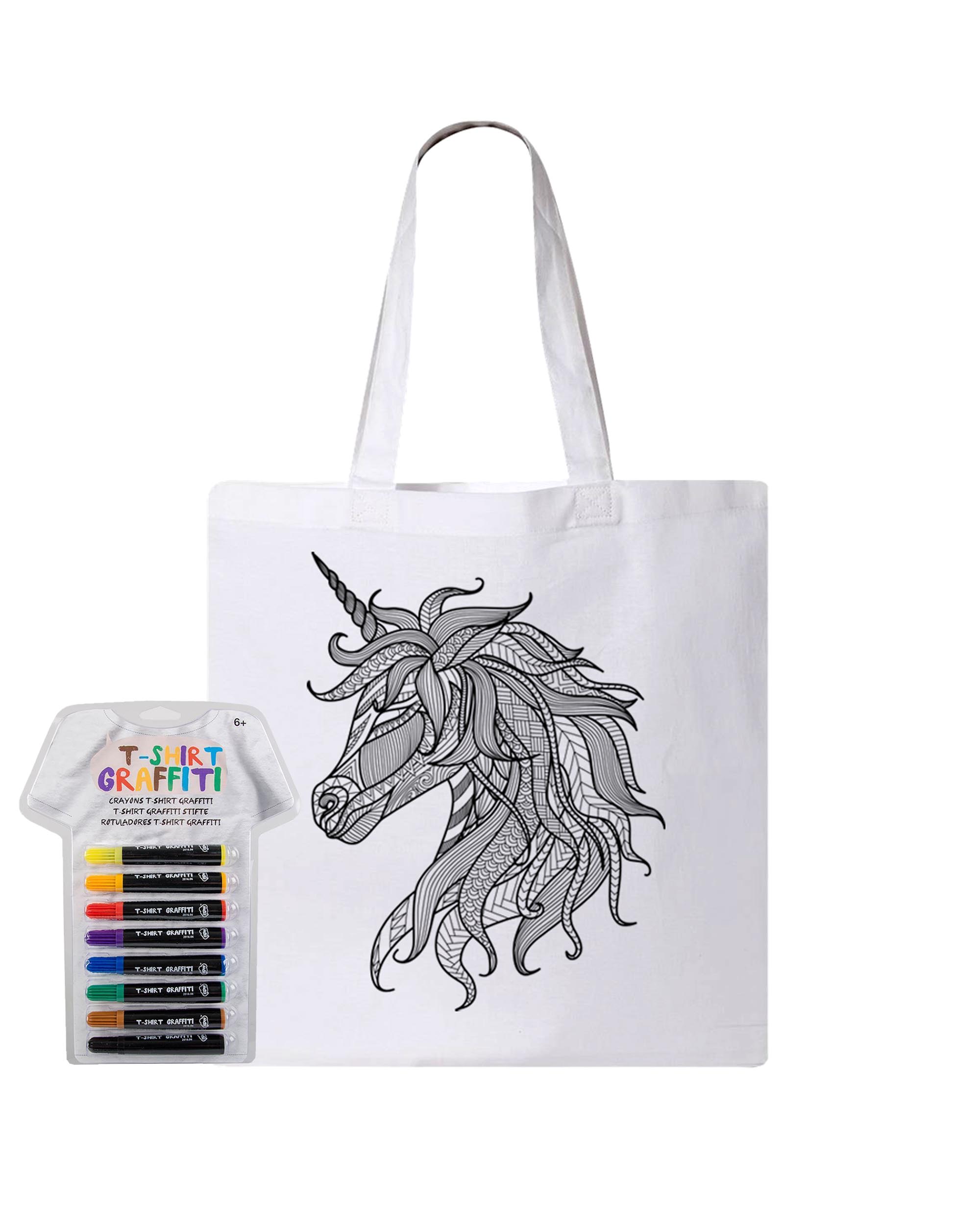 Unicorn Coloring White Canvas Tote Bag With Fabric Markers - Adorned By You
