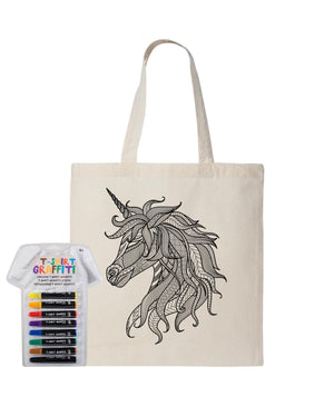 Unicorn Coloring Natural Canvas Tote Bag With Fabric Markers - Adorned By You