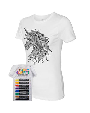 Women’s Coloring Unicorn White T Shirt With Fabric Markers - Adorned By You