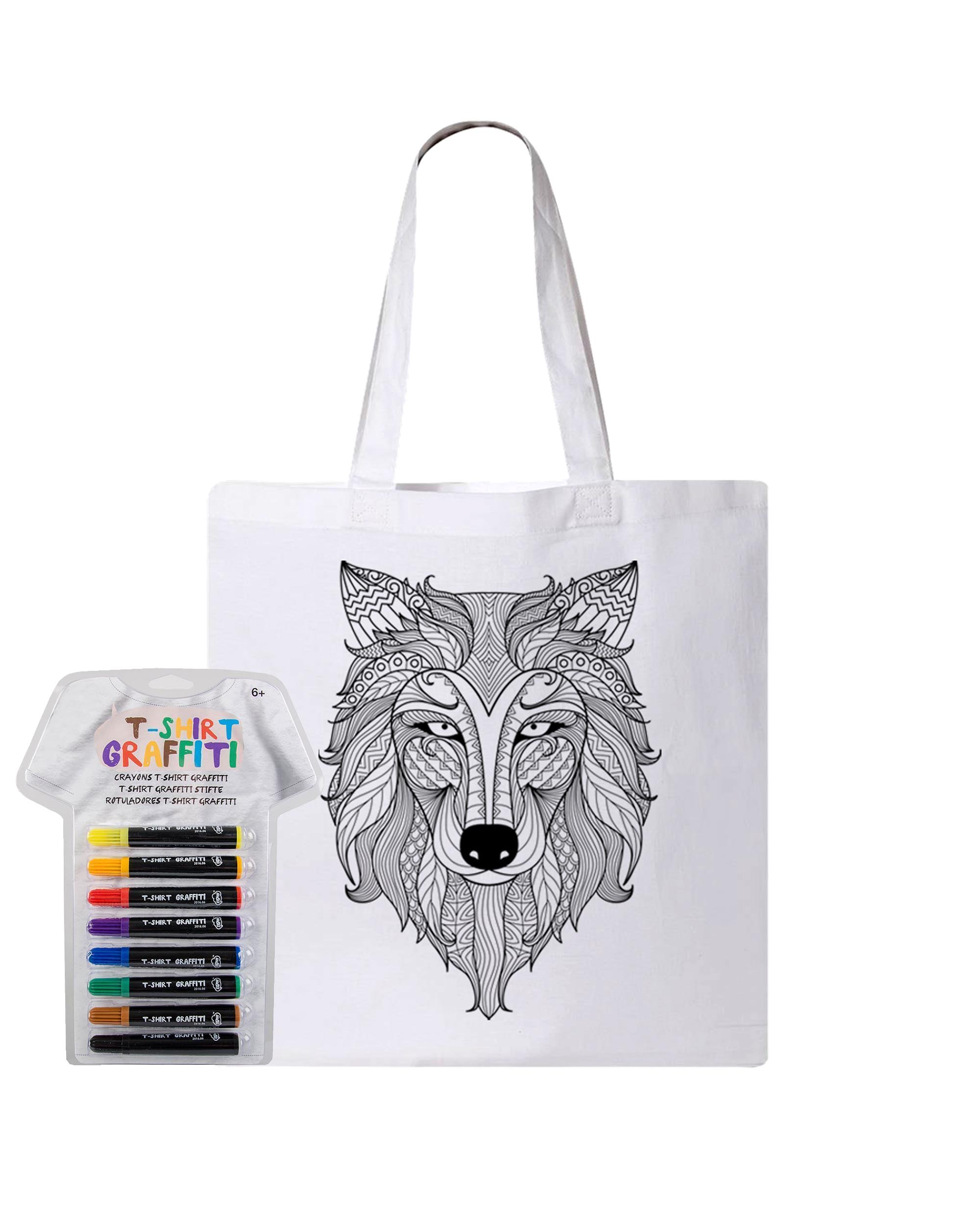 Wolf Coloring White Canvas Tote Bag With Fabric Markers - Adorned By You