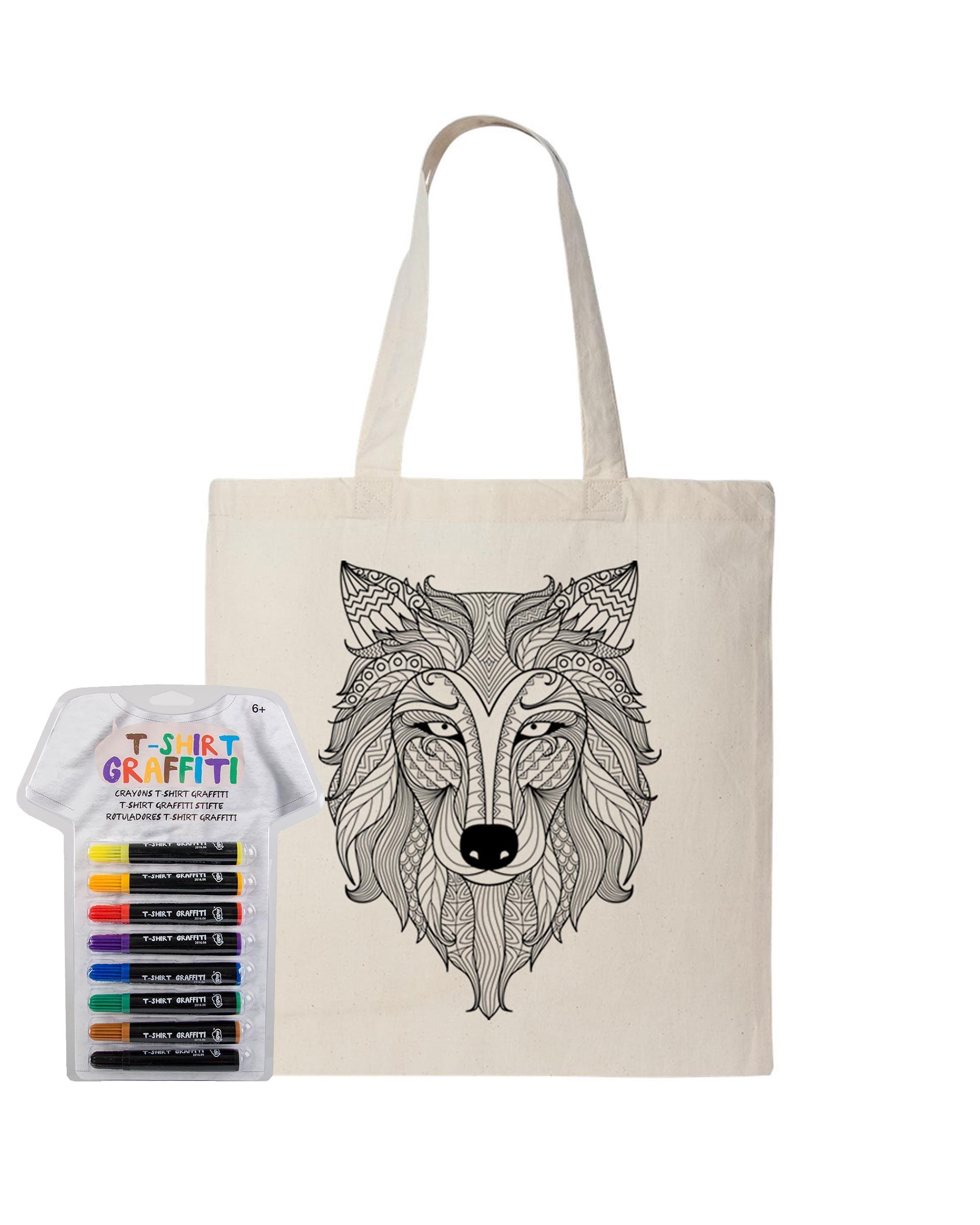 Wolf Coloring Natural Canvas Tote Bag With Fabric Markers - Adorned By You