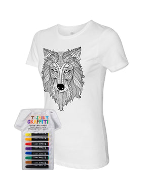 white Wolf Coloring women's Tee With Fabric Markers - Adorned By You