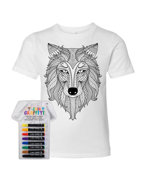 Kid's Coloring Wolf White T Shirt With Fabric Markers - Adorned By You
